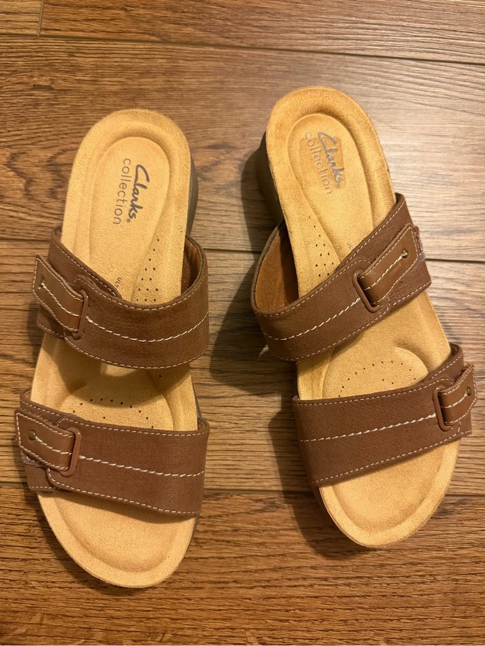 Clarks April Dusk Brown Buckle Comfort Straps Slide Sandals Wedge Women's US 10